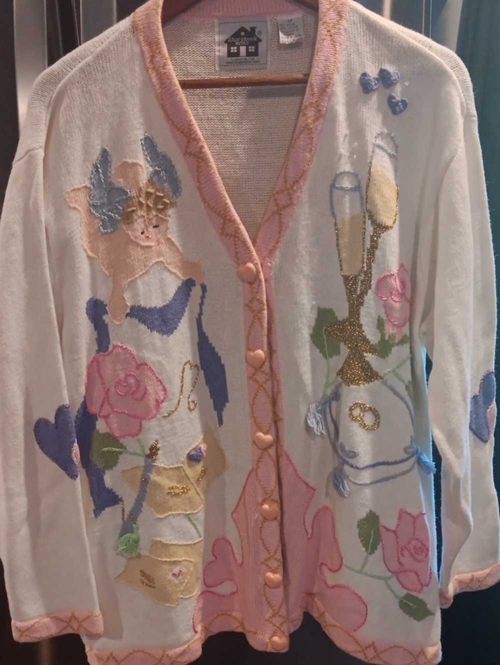 Storybook Knits White Cardigan with Pink Trim & Pastel Embroidery